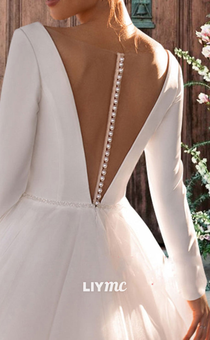 LW693 - V-Neck Long Sleeves A-Line Sleek Satin Beach Wedding Dress