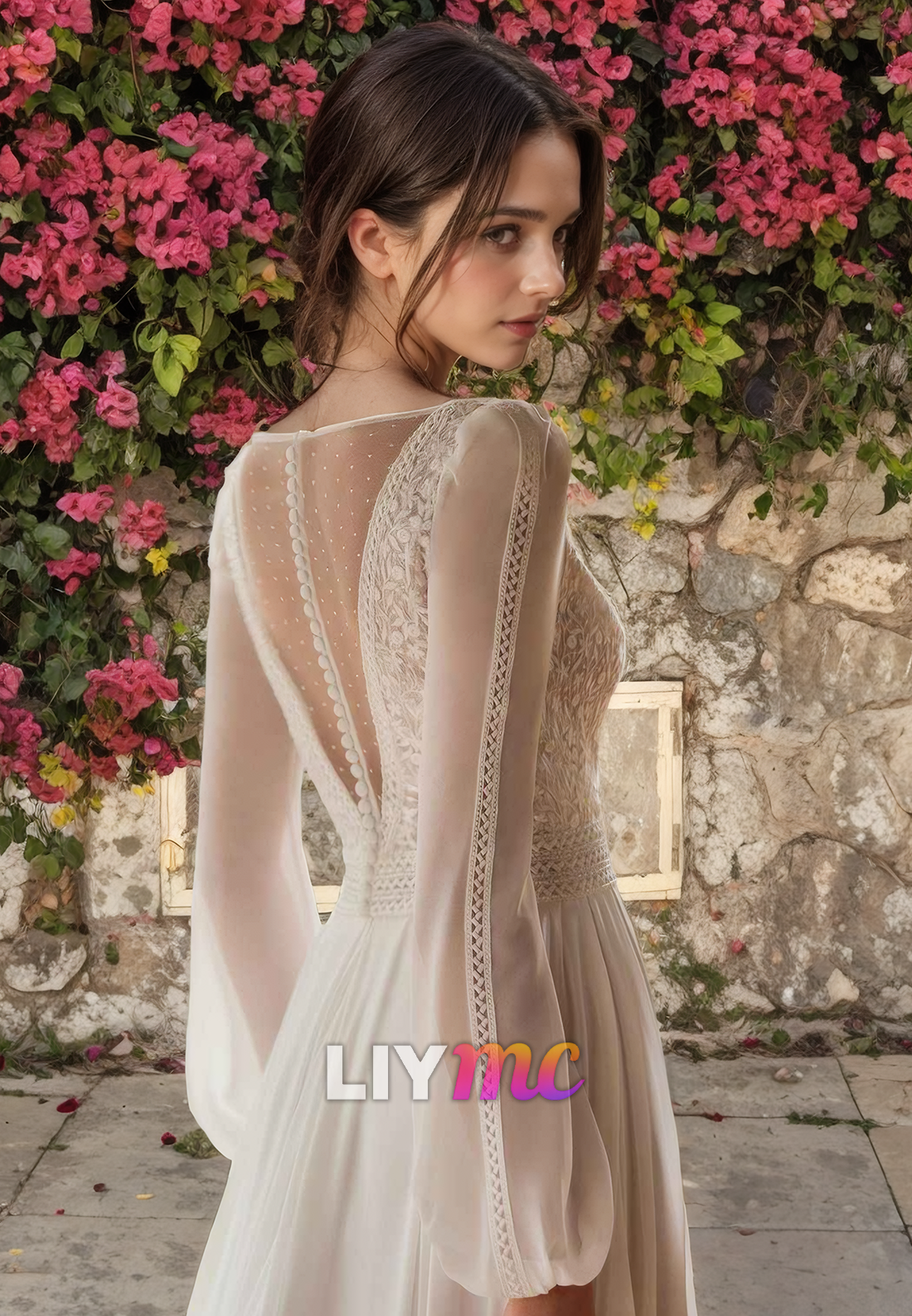 LW486 - A-Line V-Neck Long Tulle Sleeves Lace Illusion Button Floor-Length Wedding Dress With Sweep Train