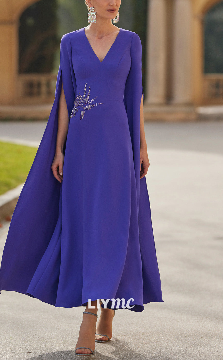 M1202 - V-Neck Long Sleeves Appliques A-Line Chiffon Mother of Bride Dress Cocktail Dress