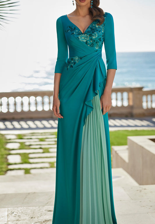 V-Neck Long Sleeves Appliques A-Line Mother of Bride Dress