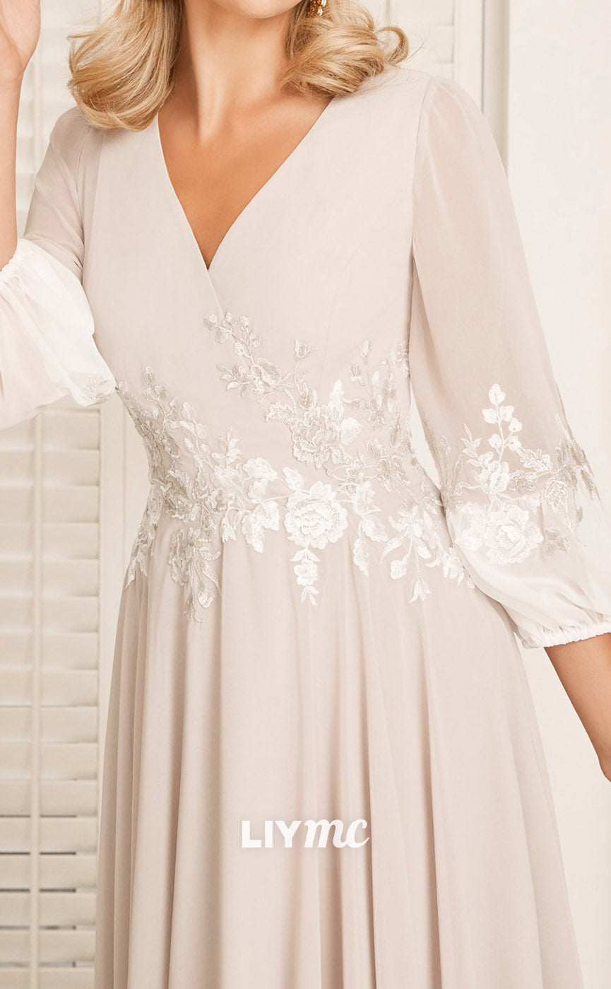 M1154 - V-Neck Long Sleeves Appliques A-Line Motther of Bride Wedding Guest Dress