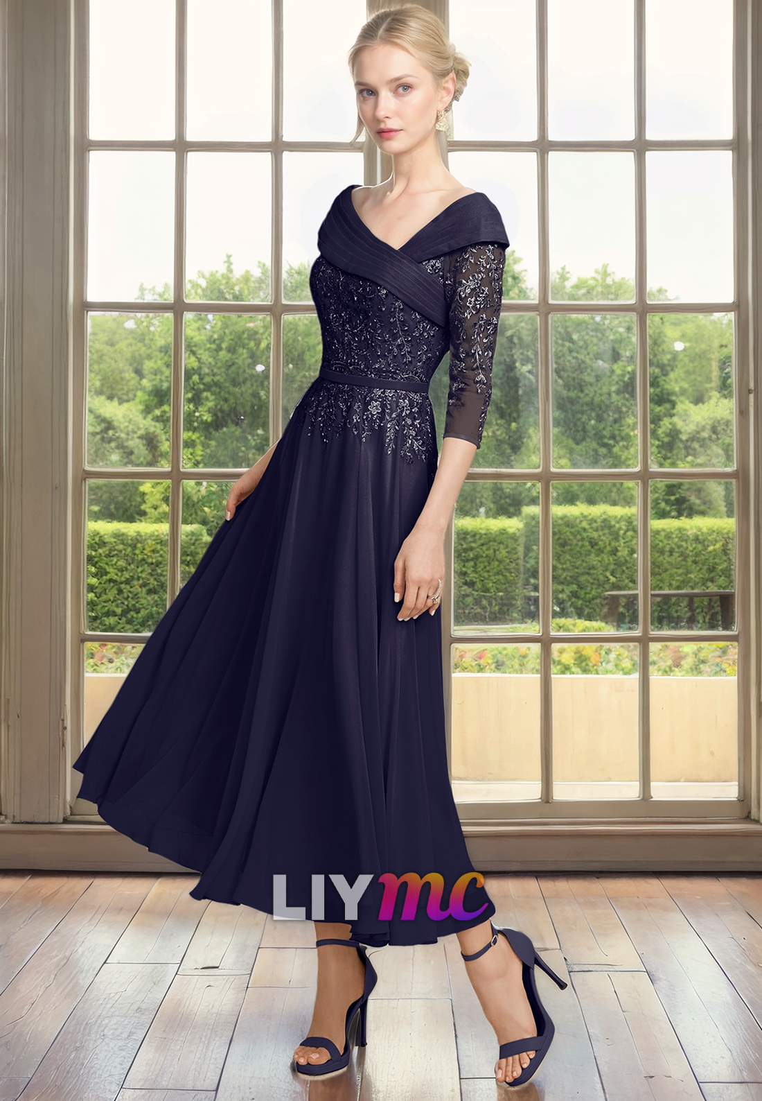 V-Neck Long Sleeves Appliques A-Line Pleated Chiffon Mother of Bride Dress Cocktail Dress