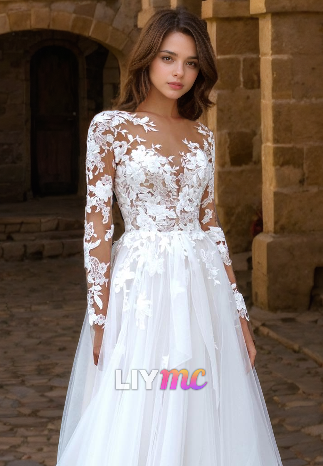 V-Neck Long Sleeves Appliques A-Line Wedding Dress