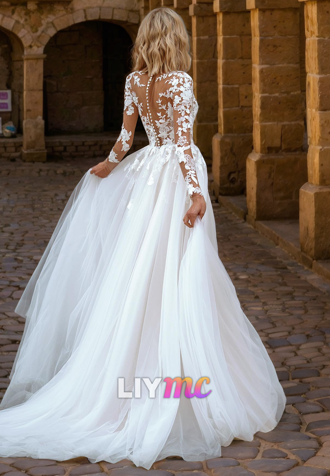 V-Neck Long Sleeves Appliques A-Line Wedding Dress
