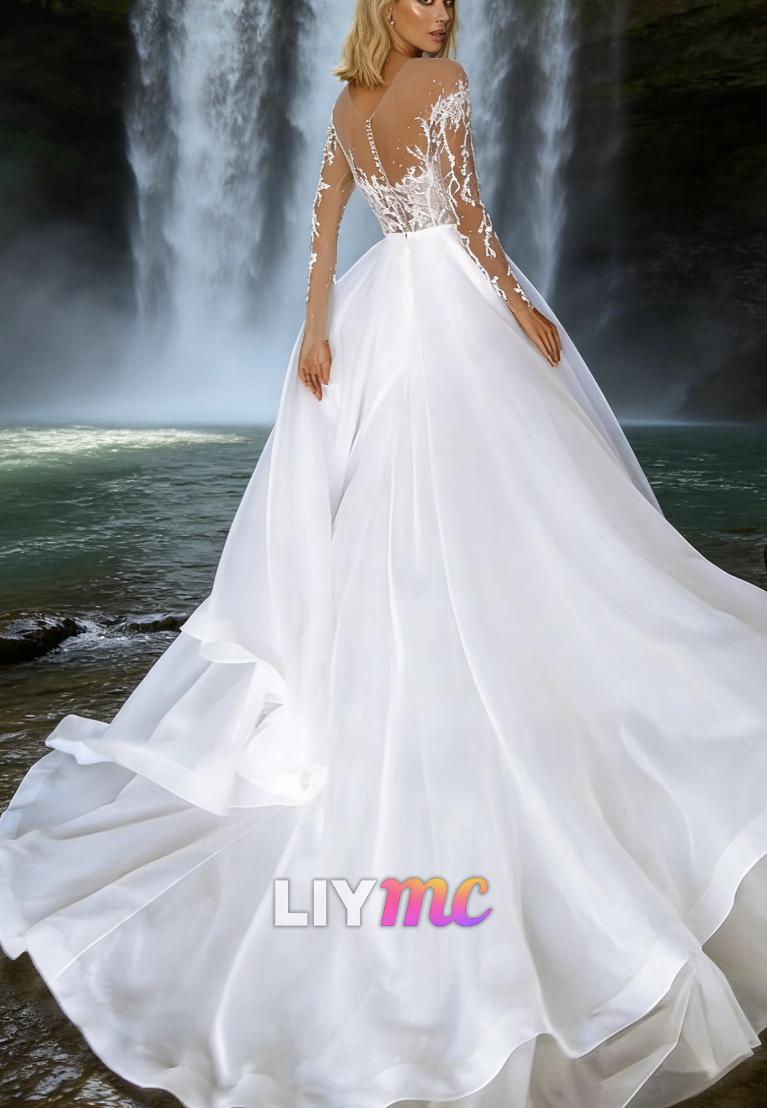 V-Neck Long Sleeves Appliques A-Line Wedding Dress
