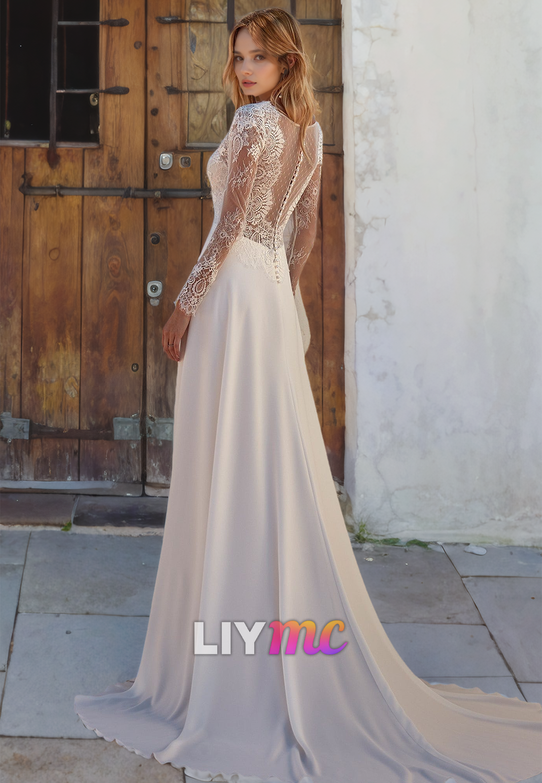 V-Neck Long Sleeves Appliques A-Line Wedding Dress