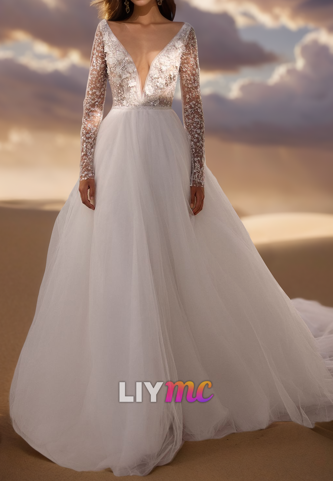 V-Neck Long Sleeves Appliques Ball Gown Wedding Dress
