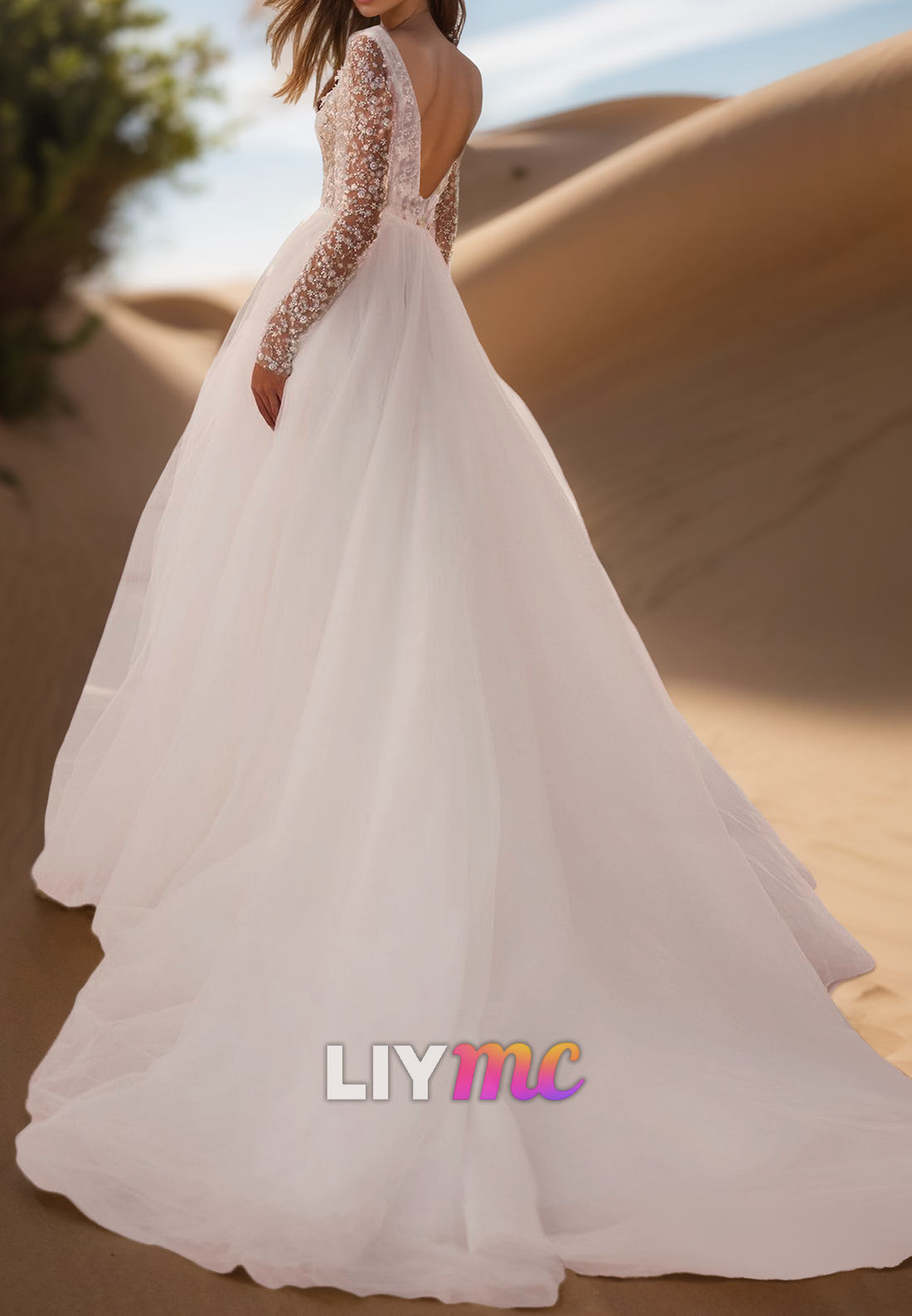 V-Neck Long Sleeves Appliques Ball Gown Wedding Dress