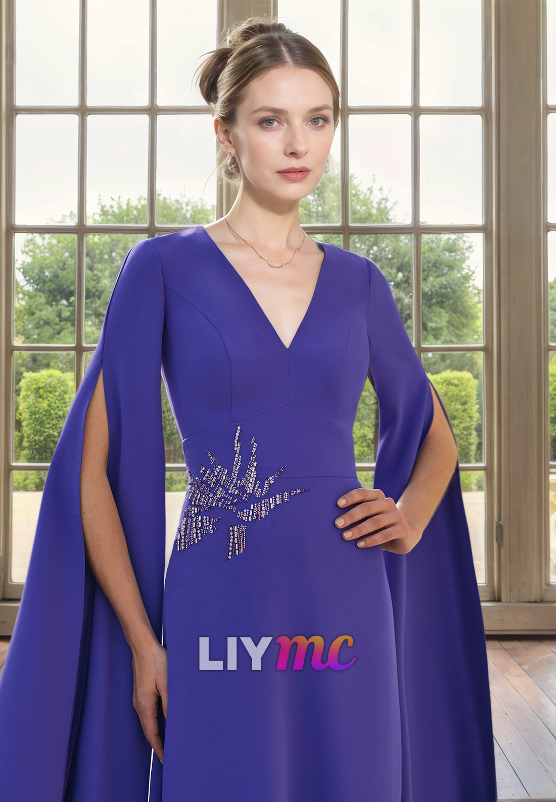 V-Neck Long Sleeves Appliques Beaded Sheath Satin Mother of Bride Dress Cocktail Dress