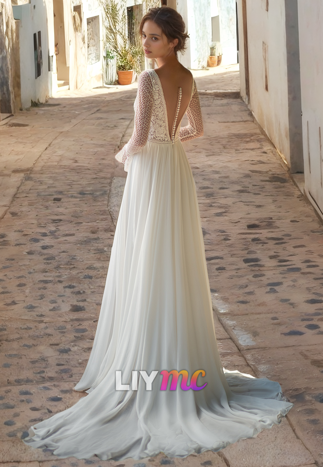 V-Neck Long Sleeves Appliques Chiffon A-Line Beach Wedding Dress