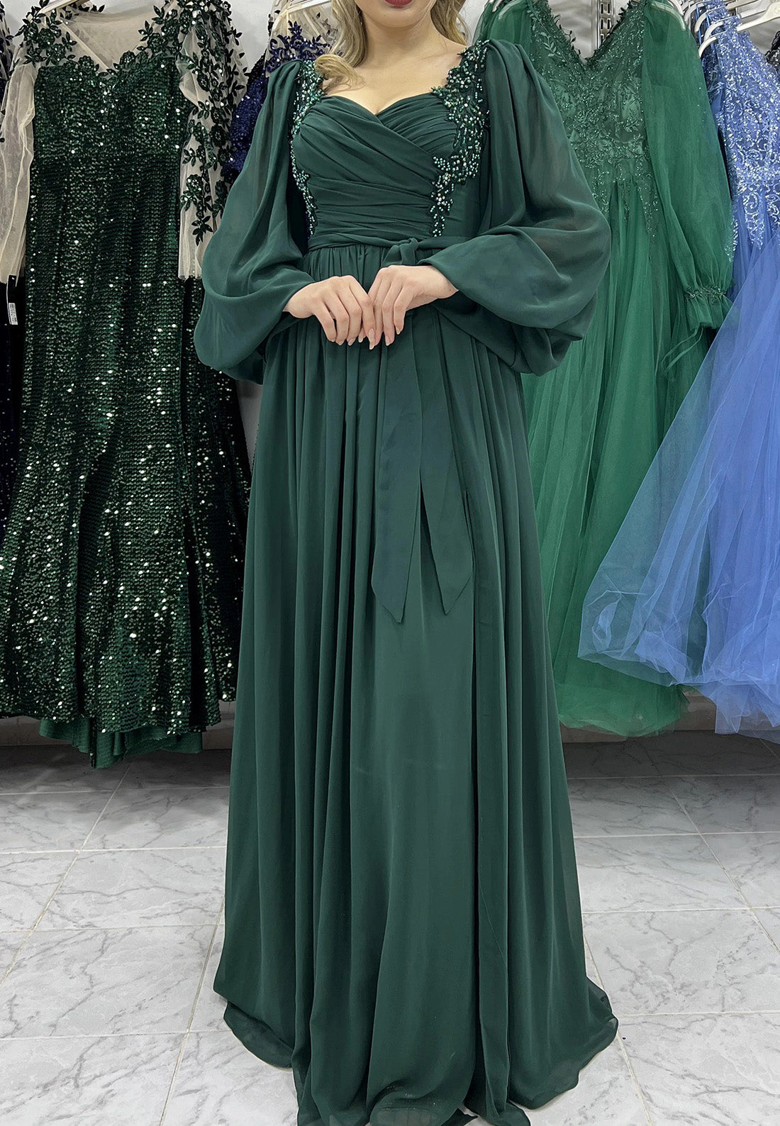 V-Neck Long Sleeves Appliques Chiffon Pleated A-Line Mother of Bride Dress