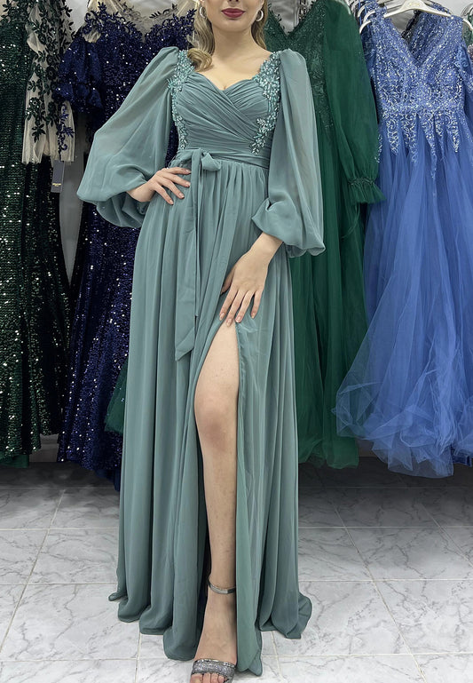 V-Neck Long Sleeves Appliques Chiffon Pleated A-Line Mother of Bride Dress