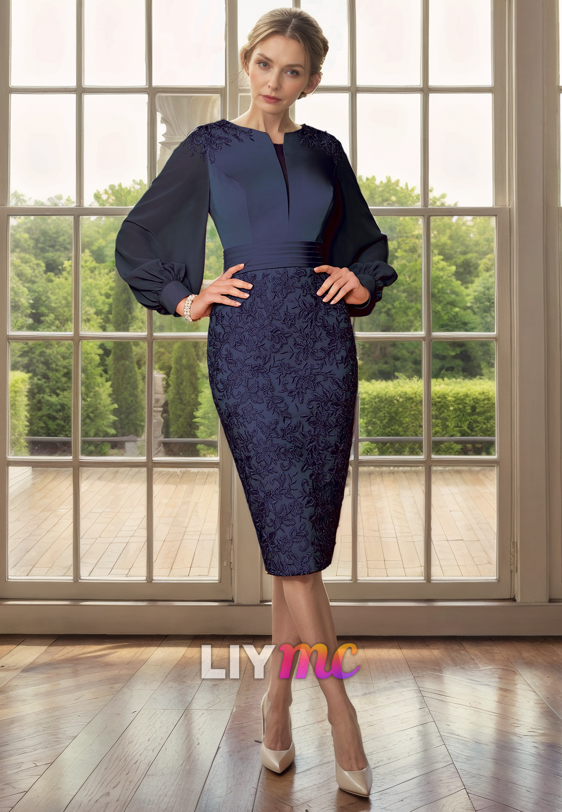 V-Neck Long Sleeves Appliques Chiffon Sheath Mother of Bride Dress Cocktail Dress