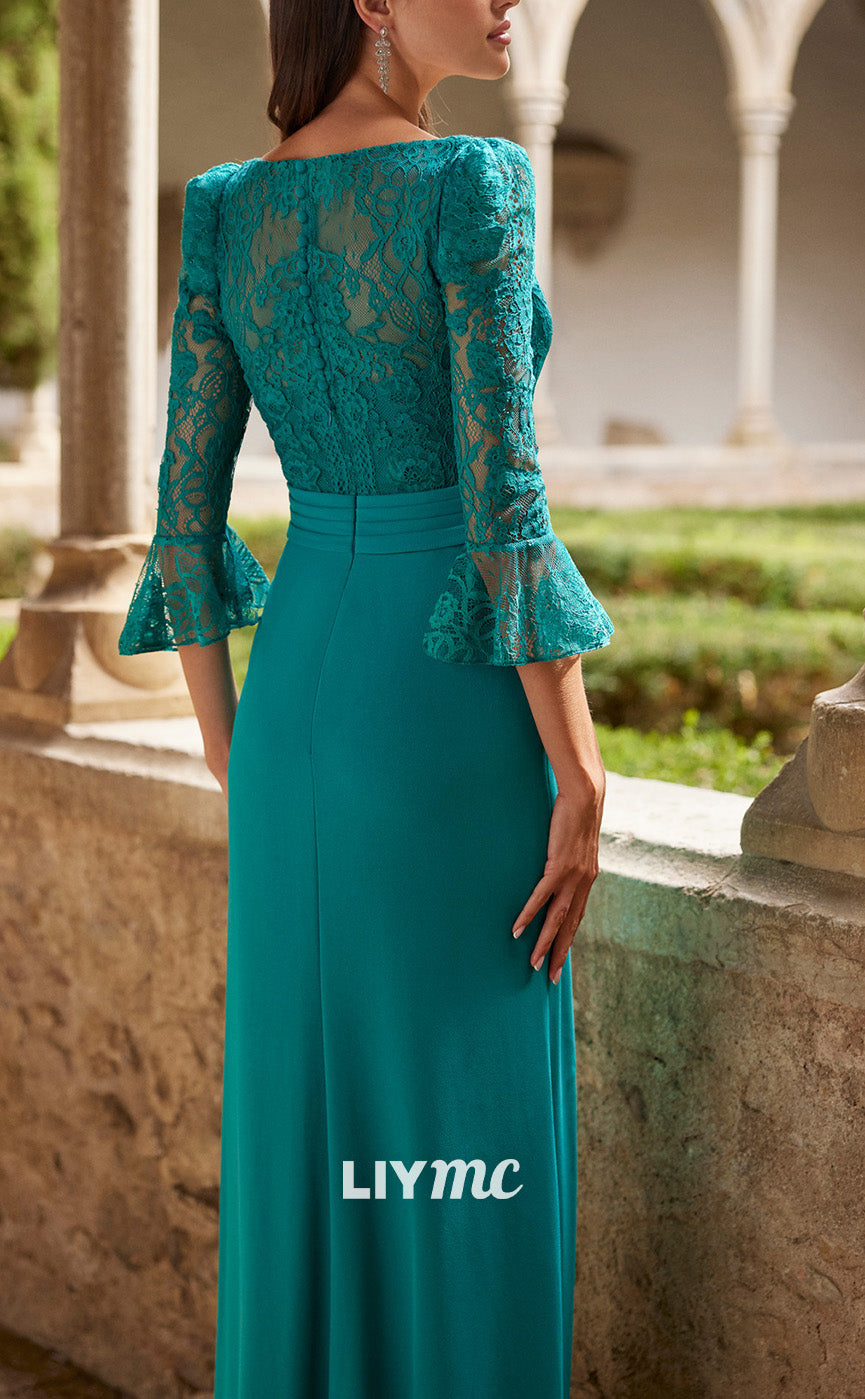 M1234 - V-Neck Long Sleeves Appliques Floral Embellished Ruffled Cocktail Dress Mother of Bride Dress