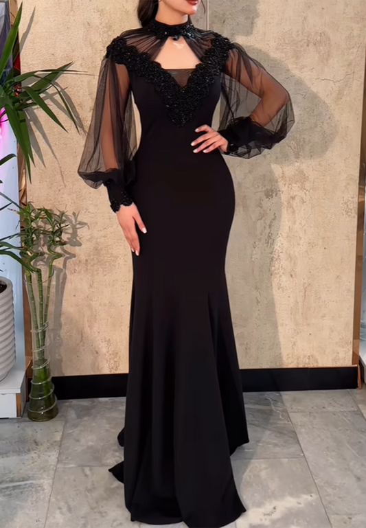 V-Neck Long Sleeves Appliques Mermaid Evening Dress