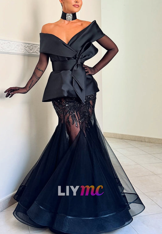 V-Neck Long Sleeves Appliques Mermaid Evening Dress