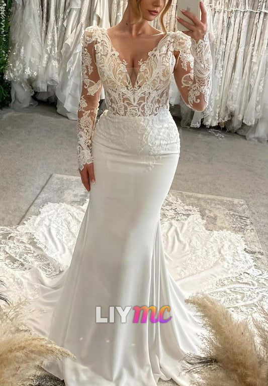 V-Neck Long Sleeves Appliques Mermaid Wedding Dress