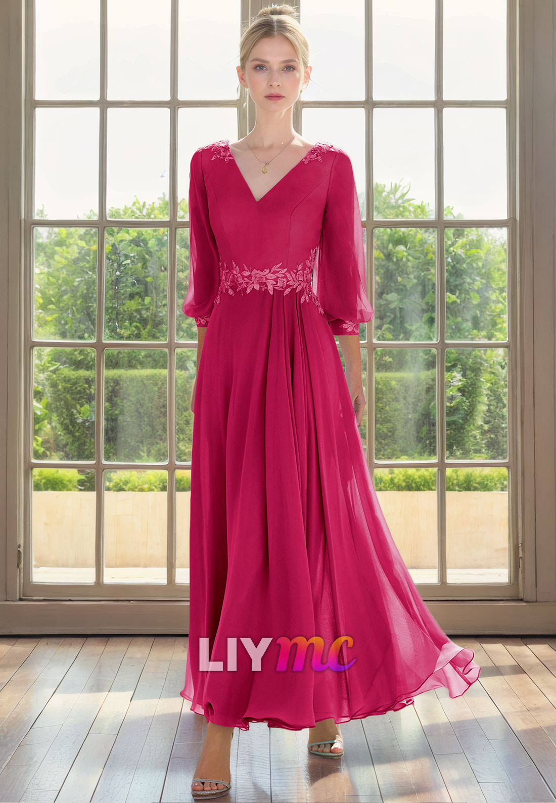 M1162 - V-Neck Half Sleeves Appliques Pleated A-Line Chiffon Mother of Bride Wedding Guest Dress