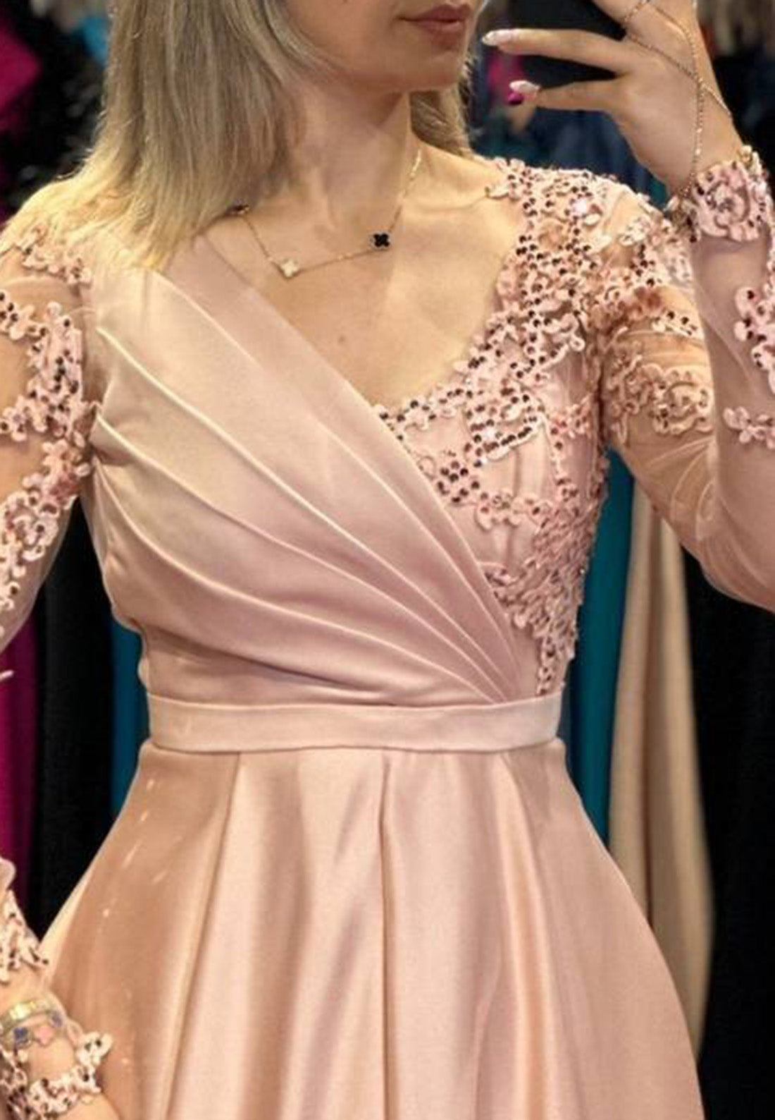 V-Neck Long Sleeves Appliques Pleated A-Line Mother of Bride Dress