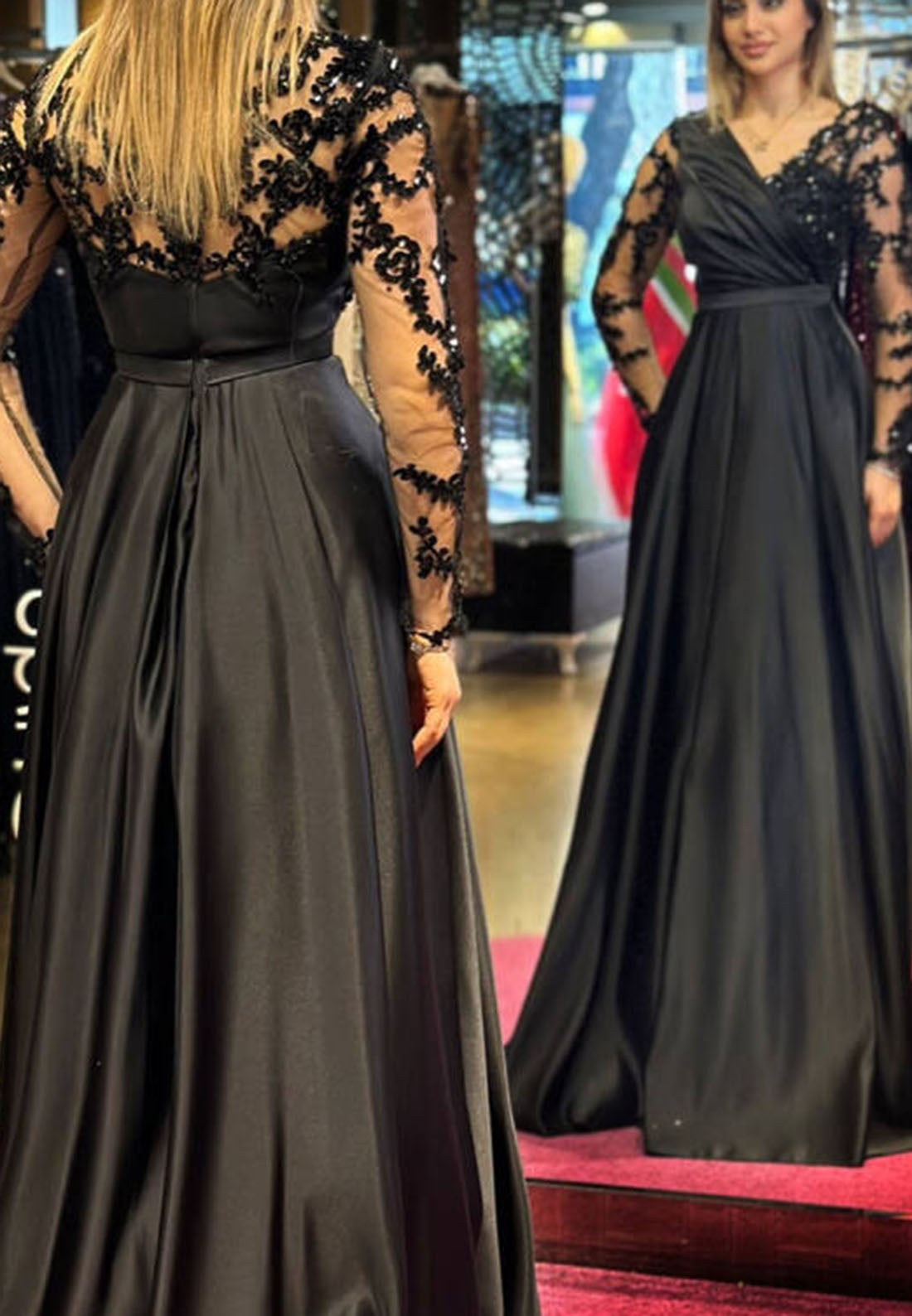 V-Neck Long Sleeves Appliques Pleated A-Line Mother of Bride Dress