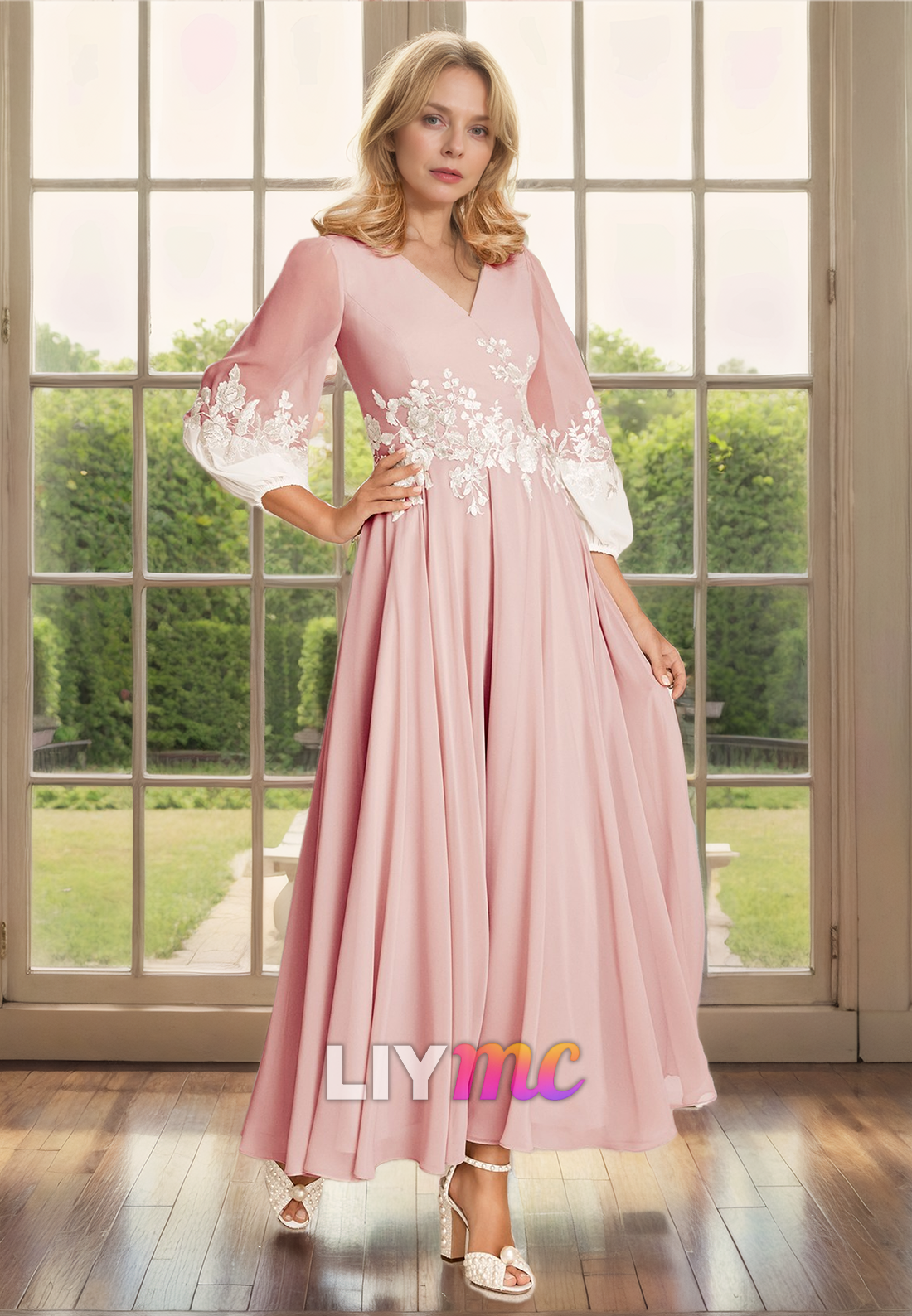 V-Neck Long Sleeves Appliques Pleated A-Line Sleek Satin Mother of Bride Dress