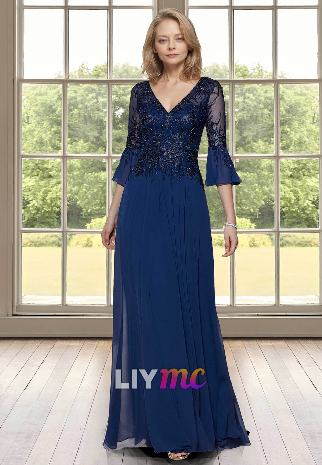 V-Neck Long Sleeves Appliques Pleated Chiffon A-Line Prom Dress