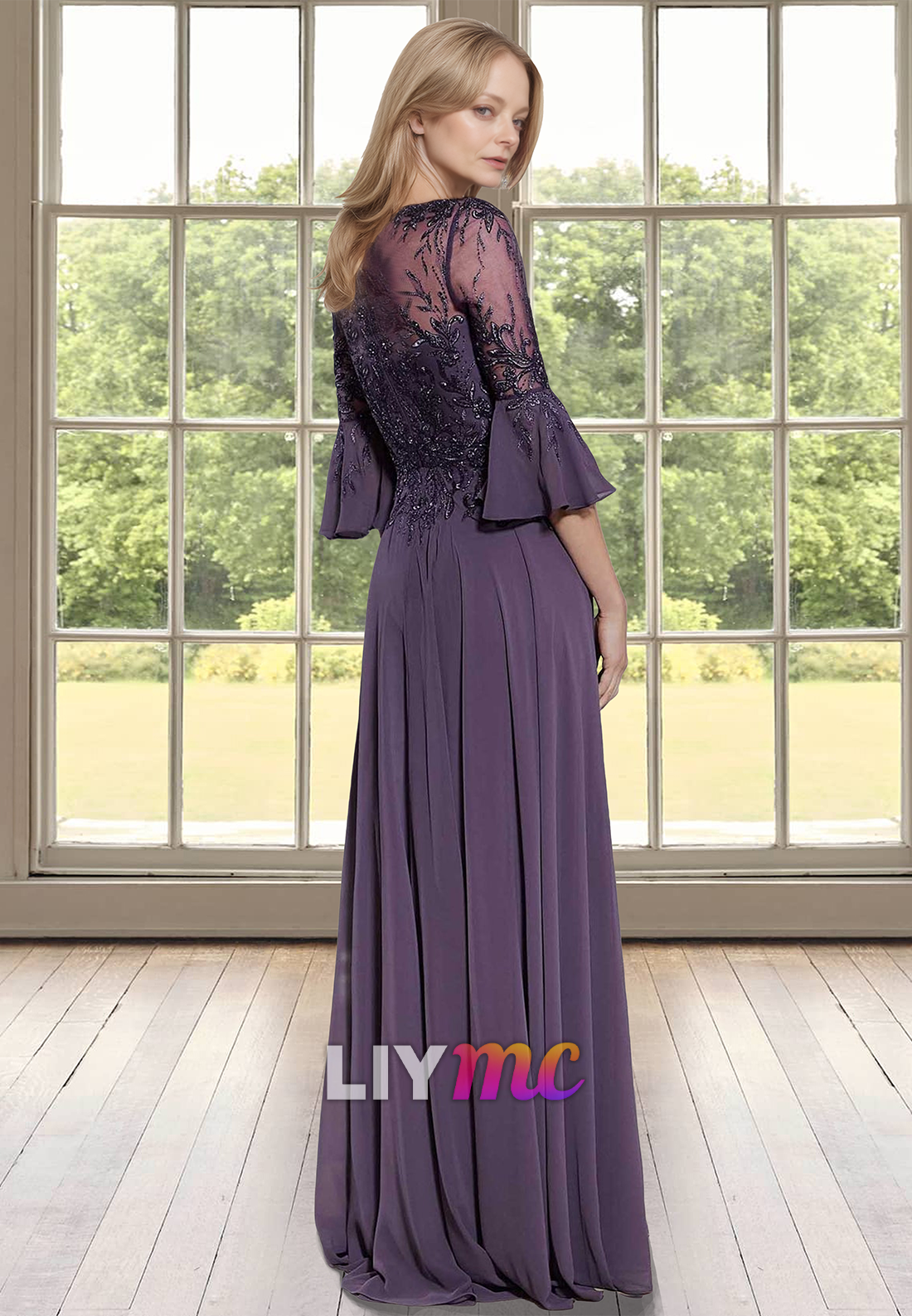 V-Neck Long Sleeves Appliques Pleated Chiffon A-Line Prom Dress