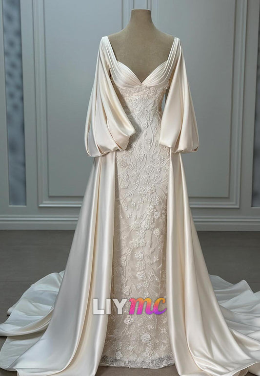 V-Neck Long Sleeves Appliques Pleated Mermaid Wedding Dress