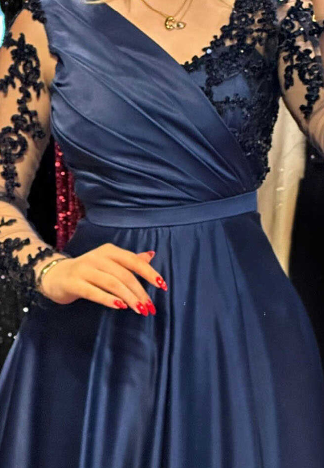 V-Neck Long Sleeves Appliques Pleated Satin A-Line Evening Dress