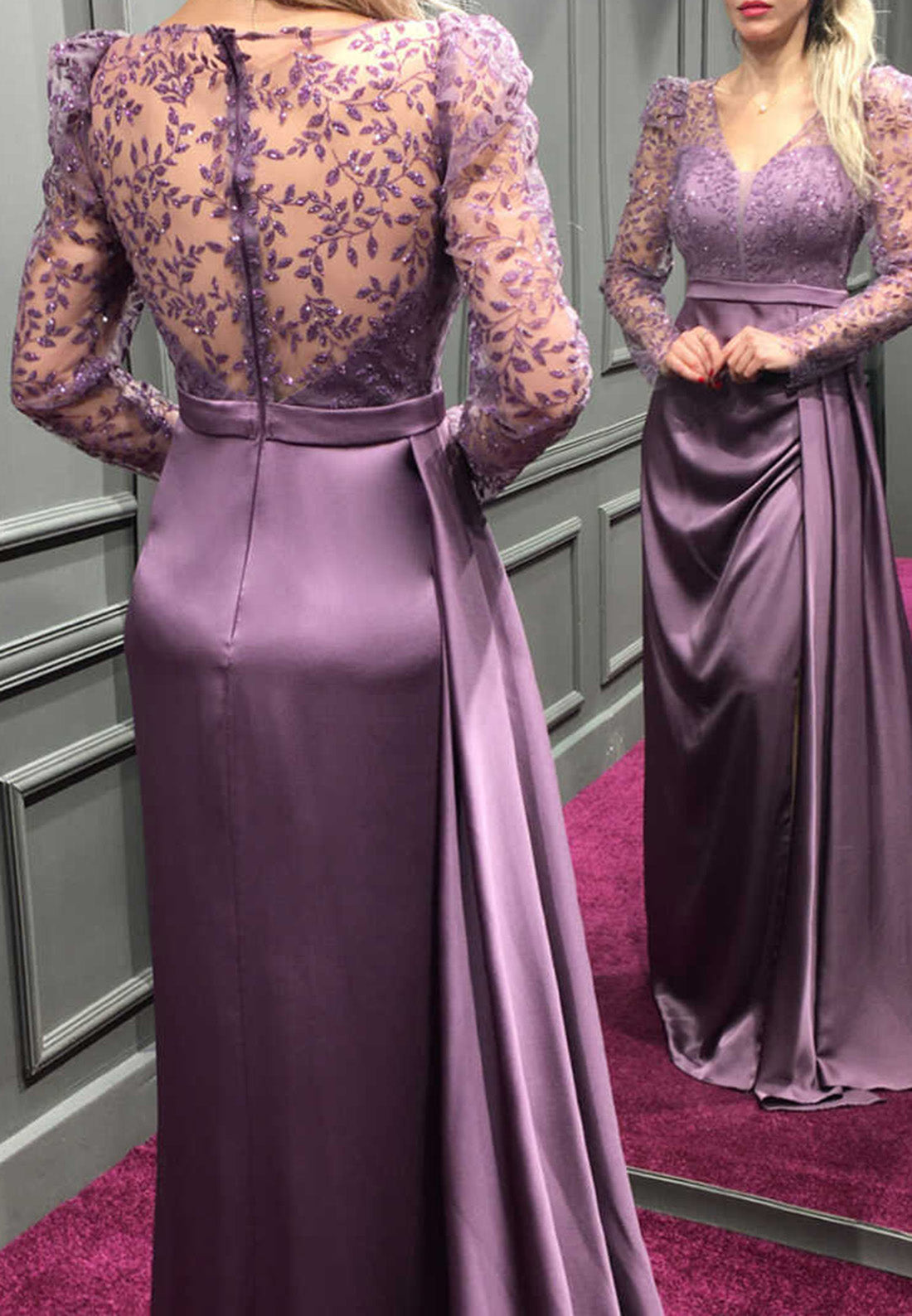 V-Neck Long Sleeves Appliques Pleated Sheath Mother of Bride Dress