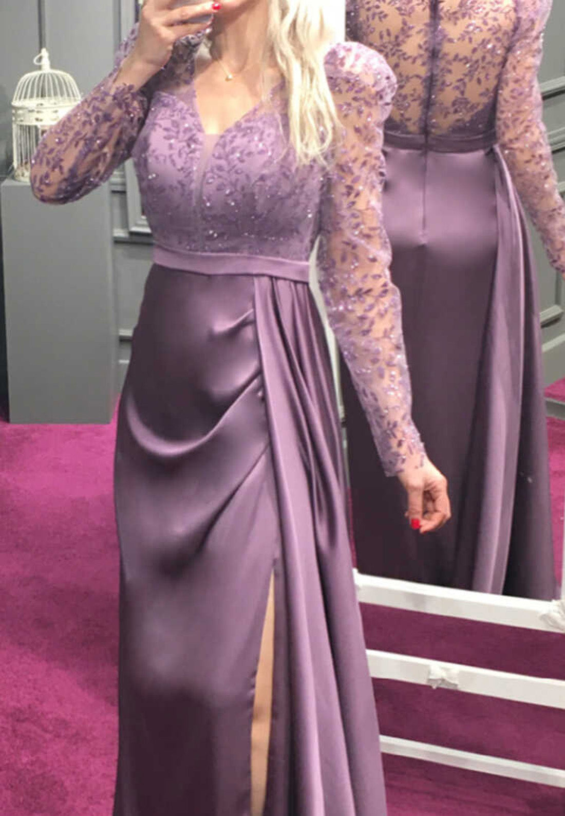 V-Neck Long Sleeves Appliques Pleated Sheath Mother of Bride Dress