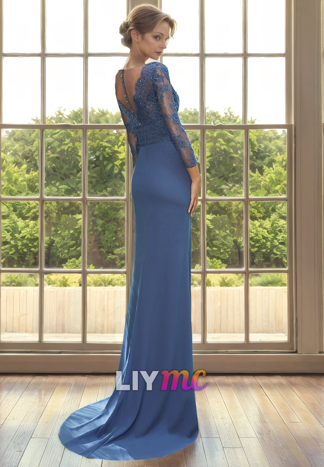 V-Neck Long Sleeves Appliques Ruched Long Mother of Bride Dress Cocktail Dress