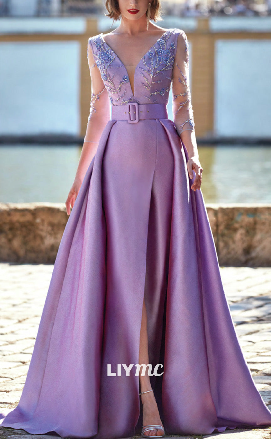 V-Neck Long Sleeves Appliques Satin Pleated Mother of Bride Dress Cocktail Dress