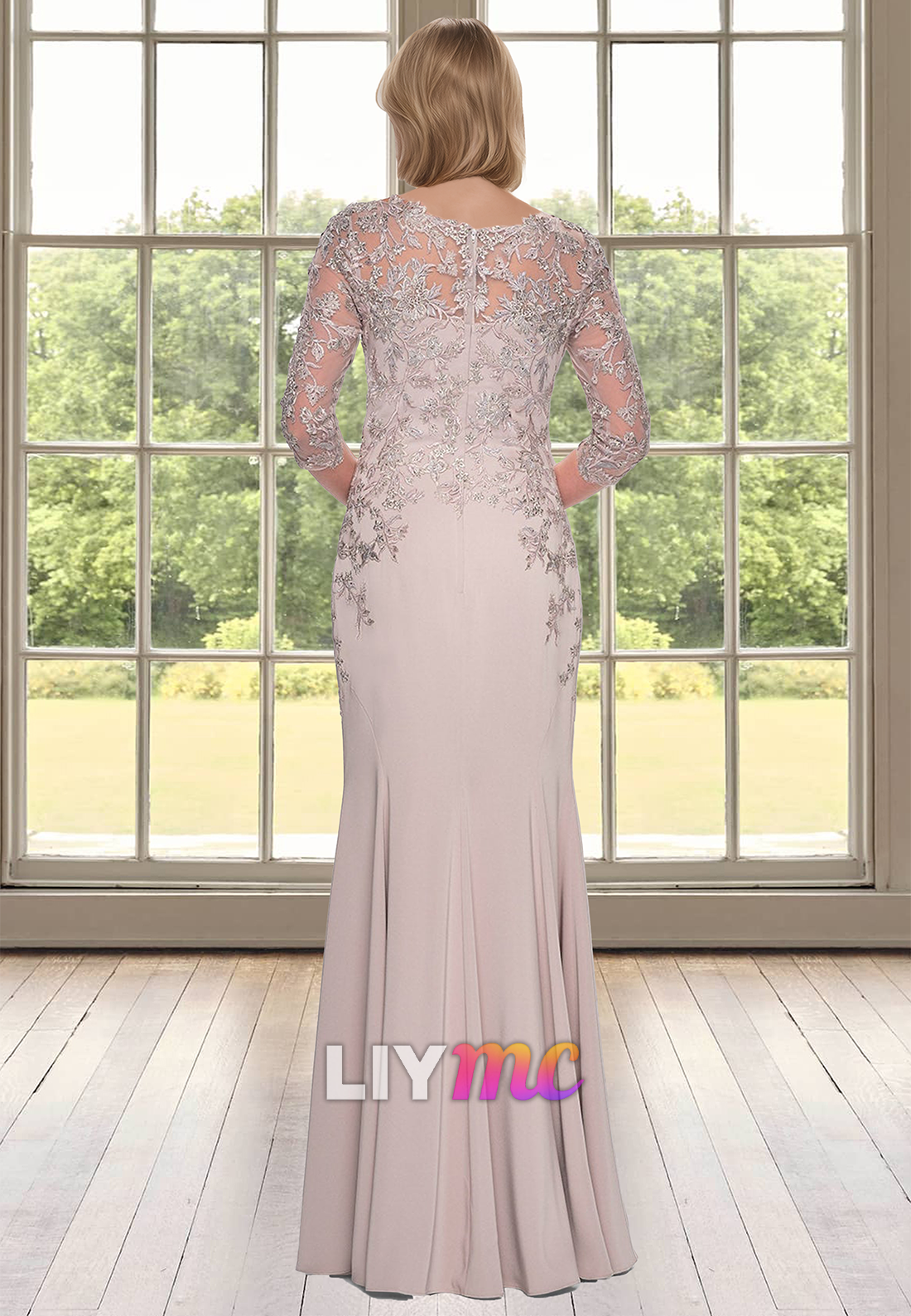 V-Neck Long Sleeves Appliques Sleek Mermaid Mother of Bride Dress