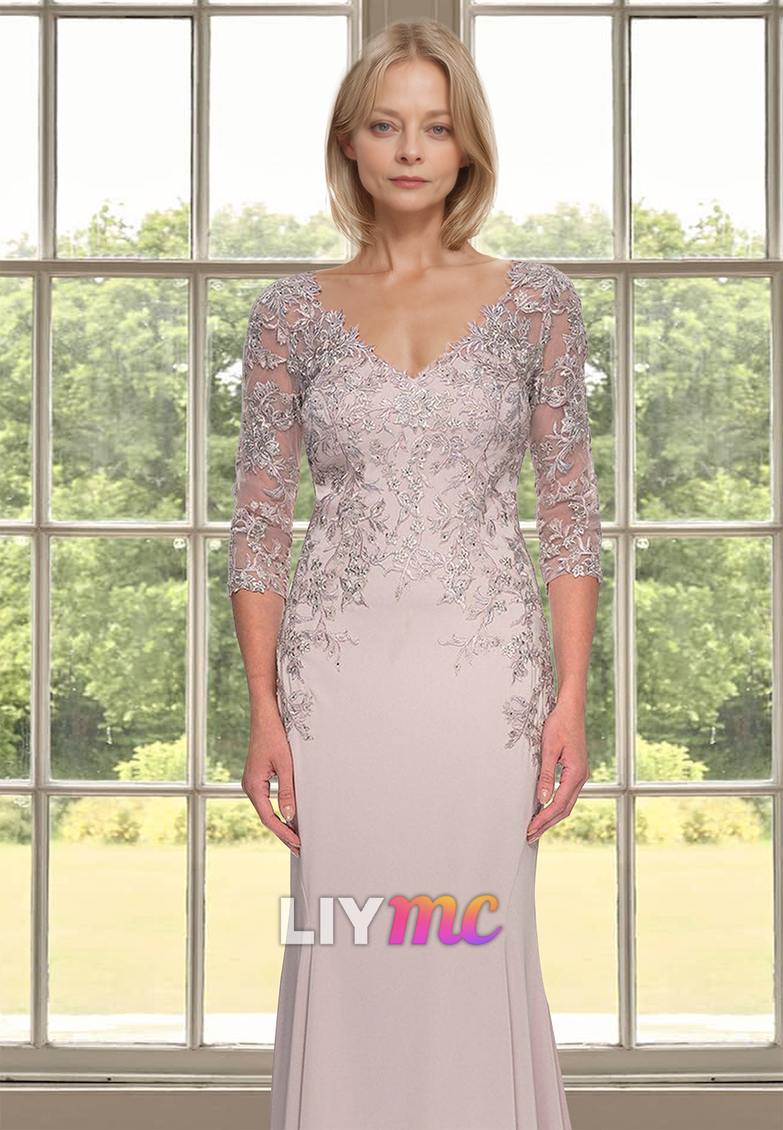 V-Neck Long Sleeves Appliques Sleek Mermaid Mother of Bride Dress
