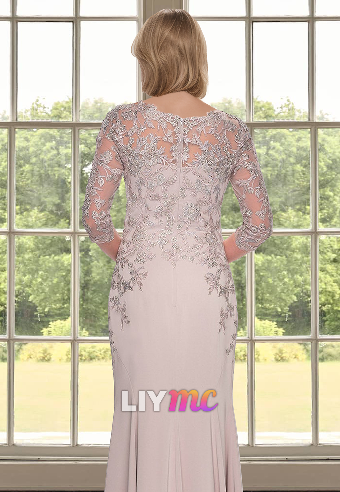 V-Neck Long Sleeves Appliques Sleek Mermaid Mother of Bride Dress