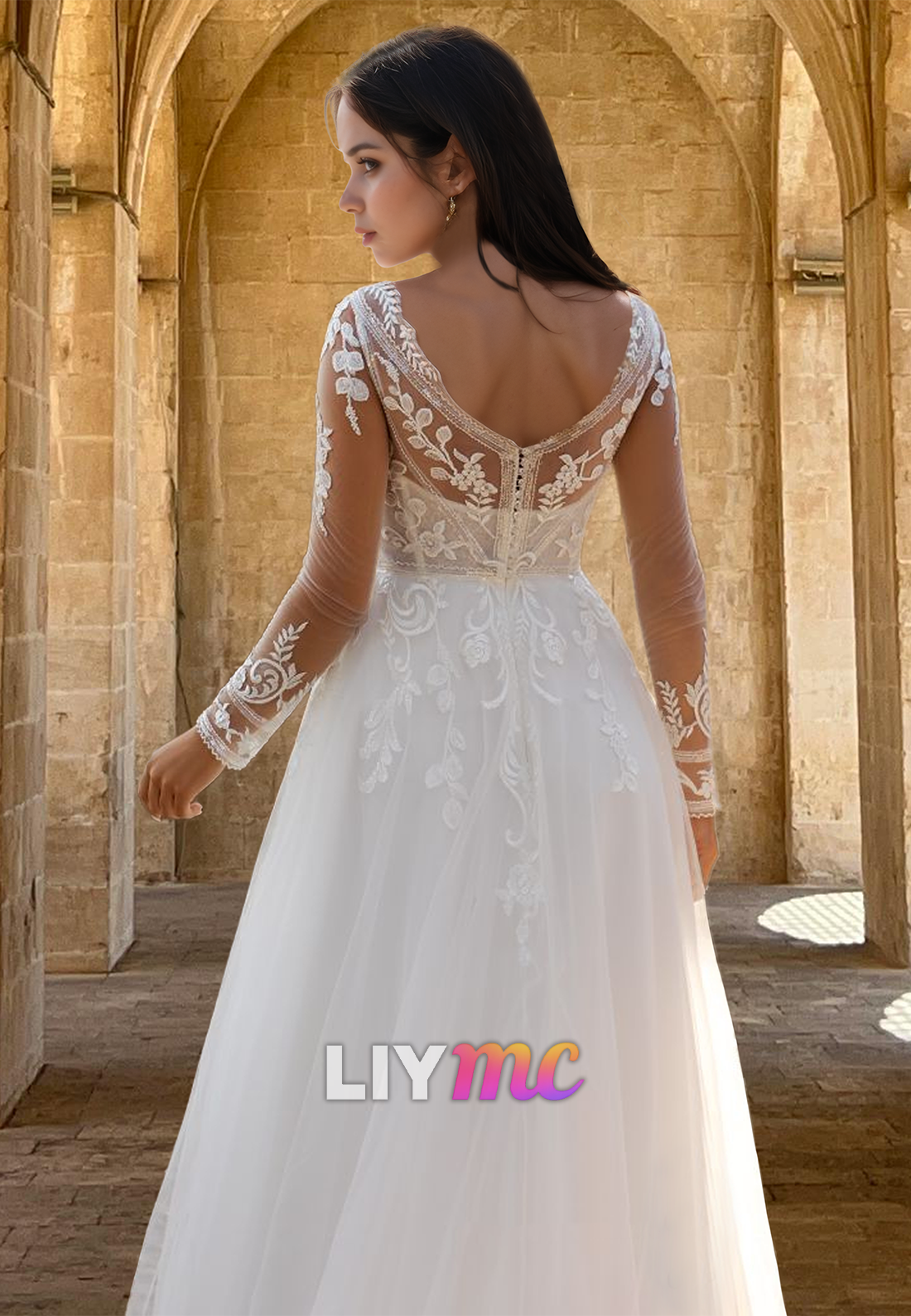 V-Neck Long Sleeves Appliques Tulle A-Line Wedding Dress