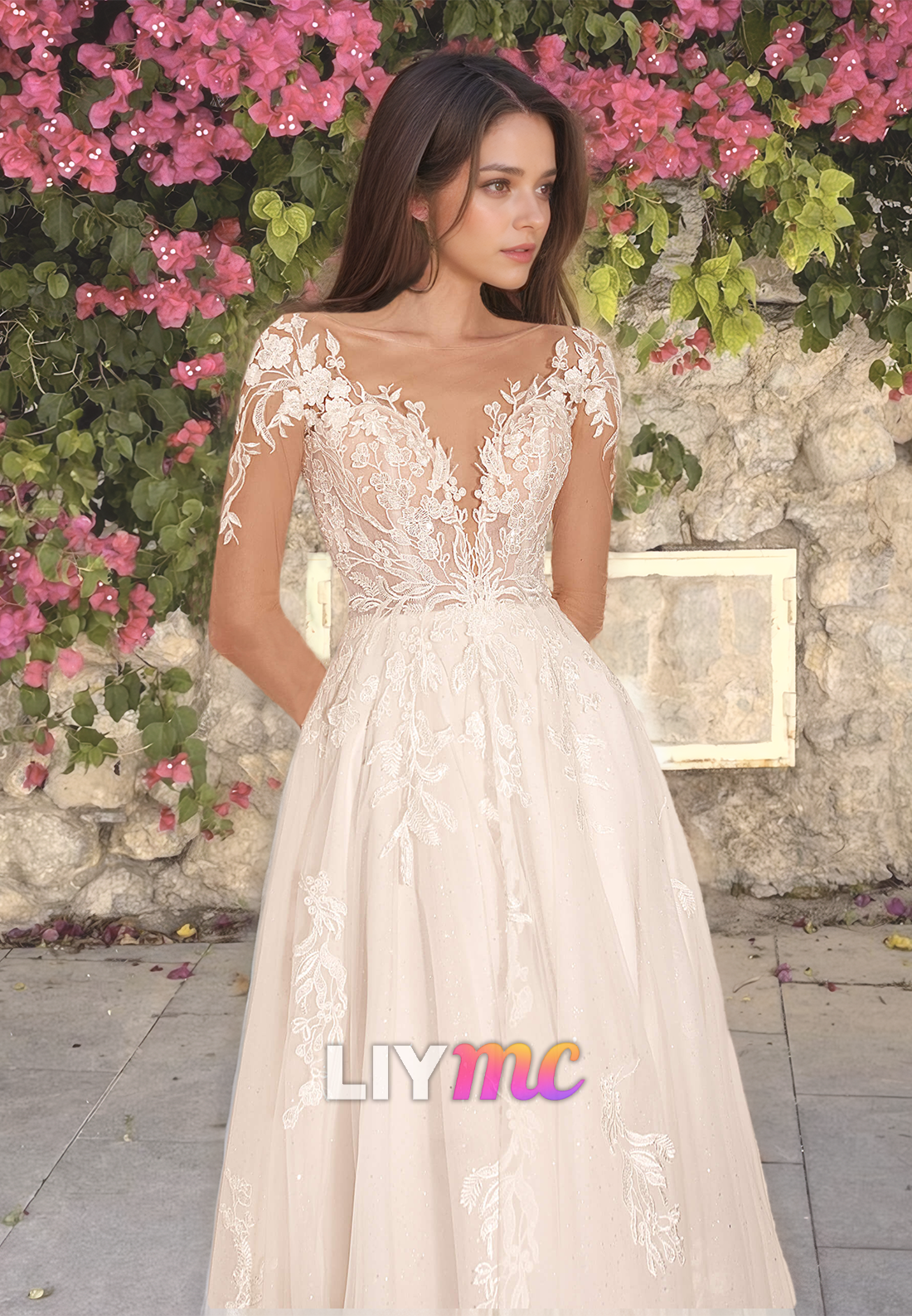 V-Neck Long Sleeves Appliques Tulle A-Line Wedding Dress
