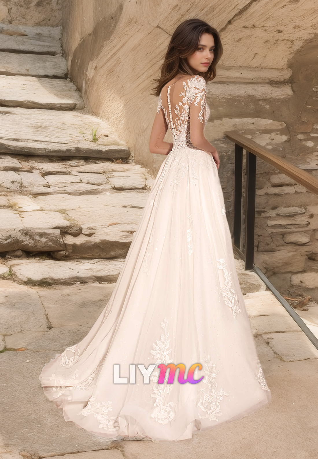V-Neck Long Sleeves Appliques Tulle A-Line Wedding Dress