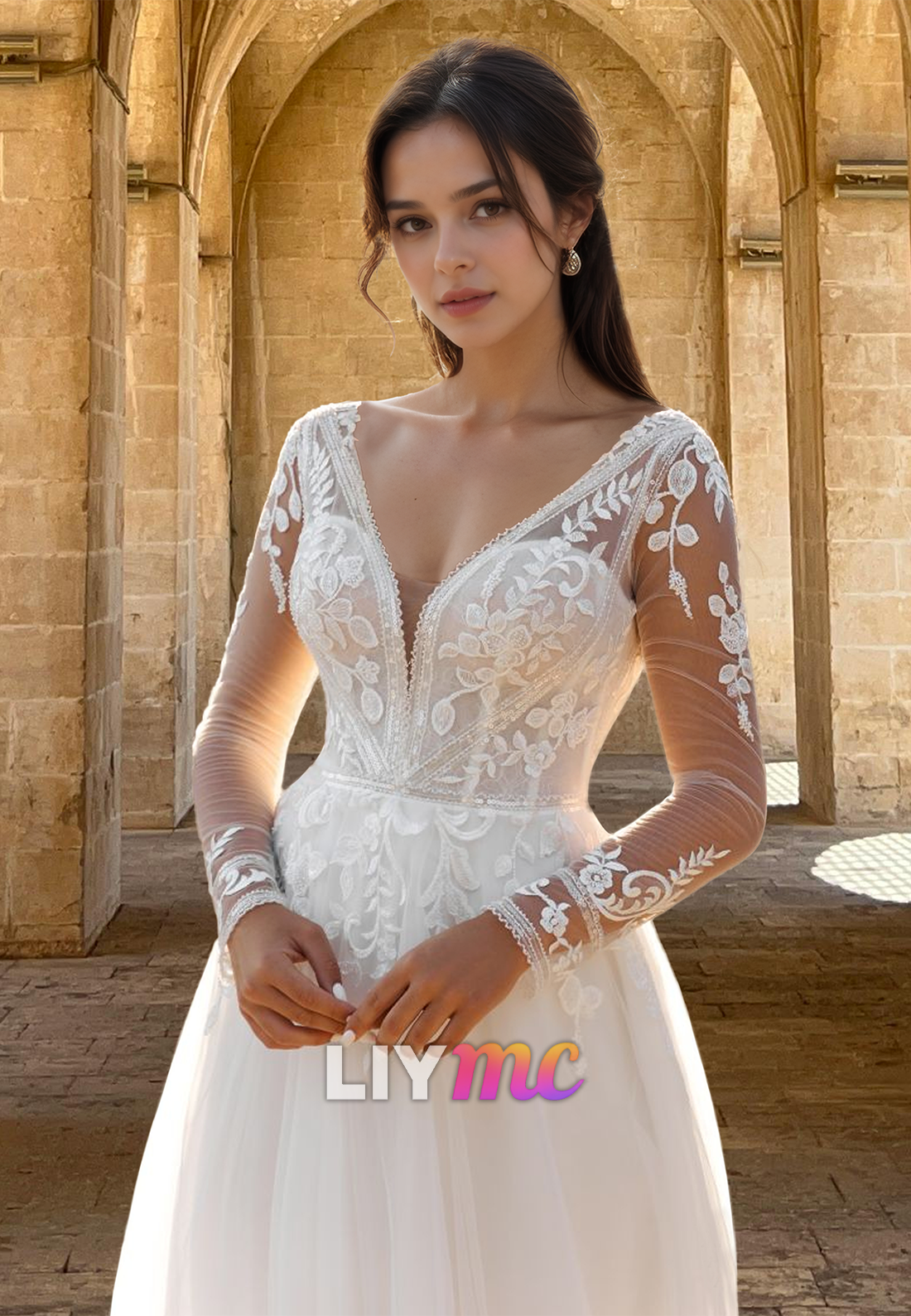 V-Neck Long Sleeves Appliques Tulle A-Line Wedding Dress