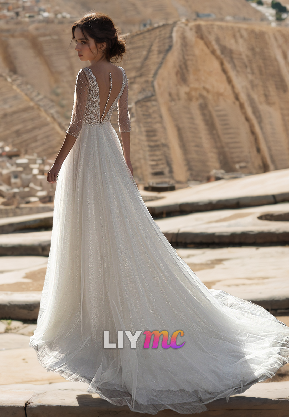 V-Neck Long Sleeves Appliques Tulle A-Line Wedding Dress
