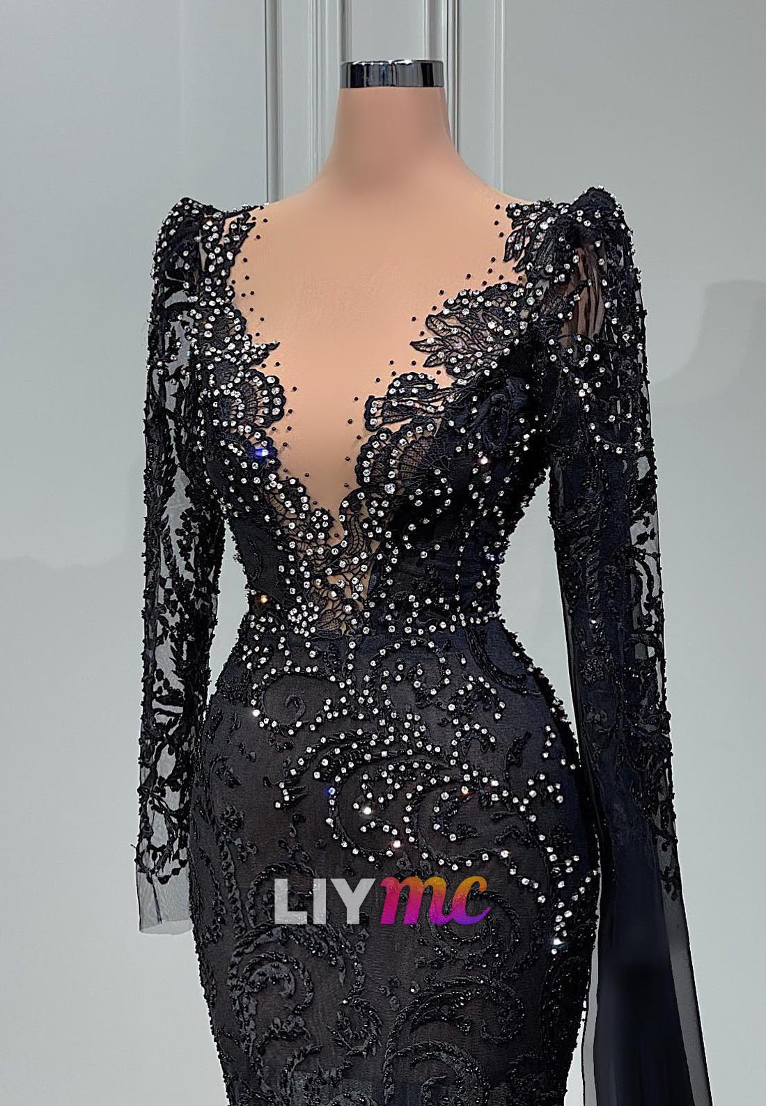 V-Neck Long Sleeves Beaded Appliques Mermaid Evening Dress