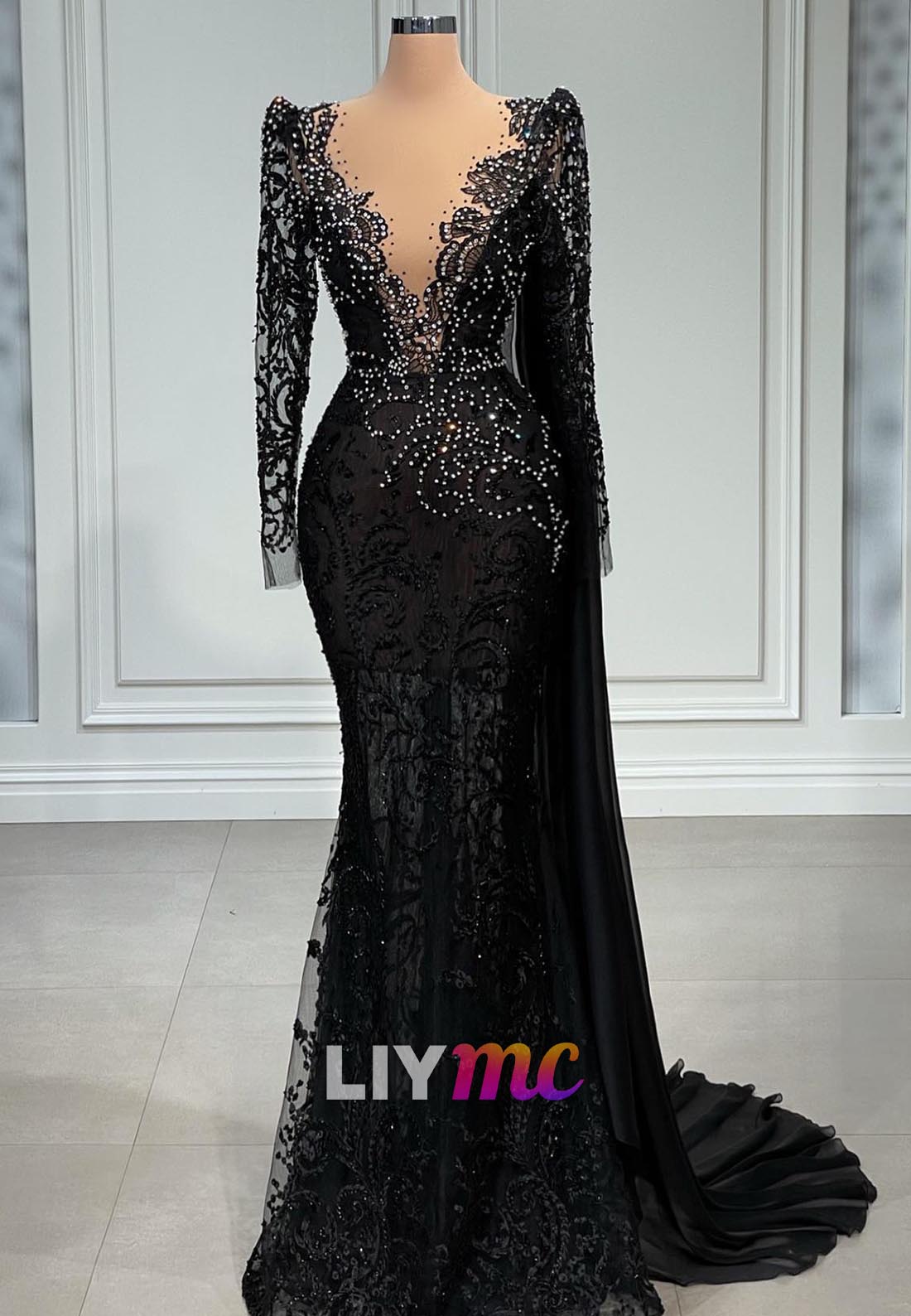 V-Neck Long Sleeves Beaded Appliques Mermaid Evening Dress