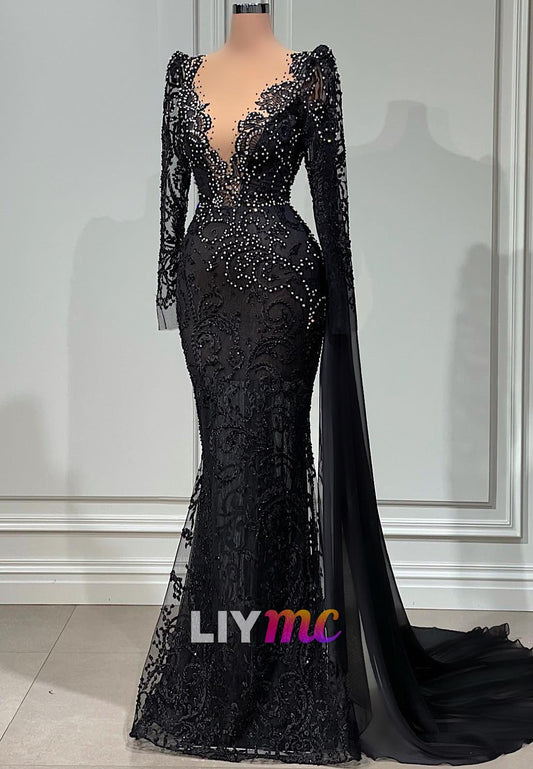 V-Neck Long Sleeves Beaded Appliques Mermaid Evening Dress