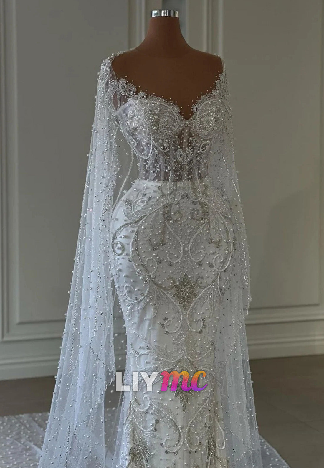 V-Neck Long Sleeves Beaded Appliques Mermaid Wedding Dress