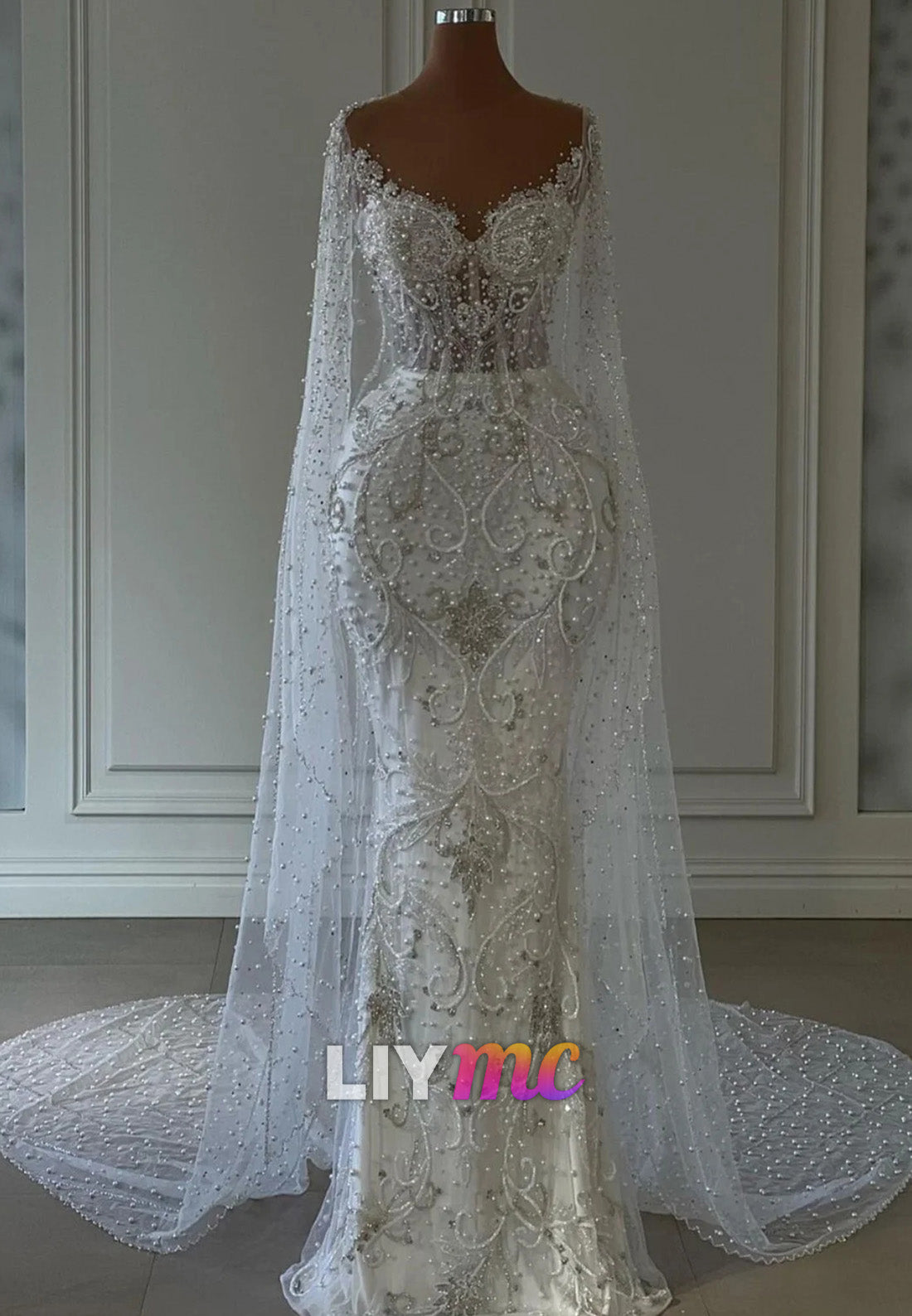 V-Neck Long Sleeves Beaded Appliques Mermaid Wedding Dress