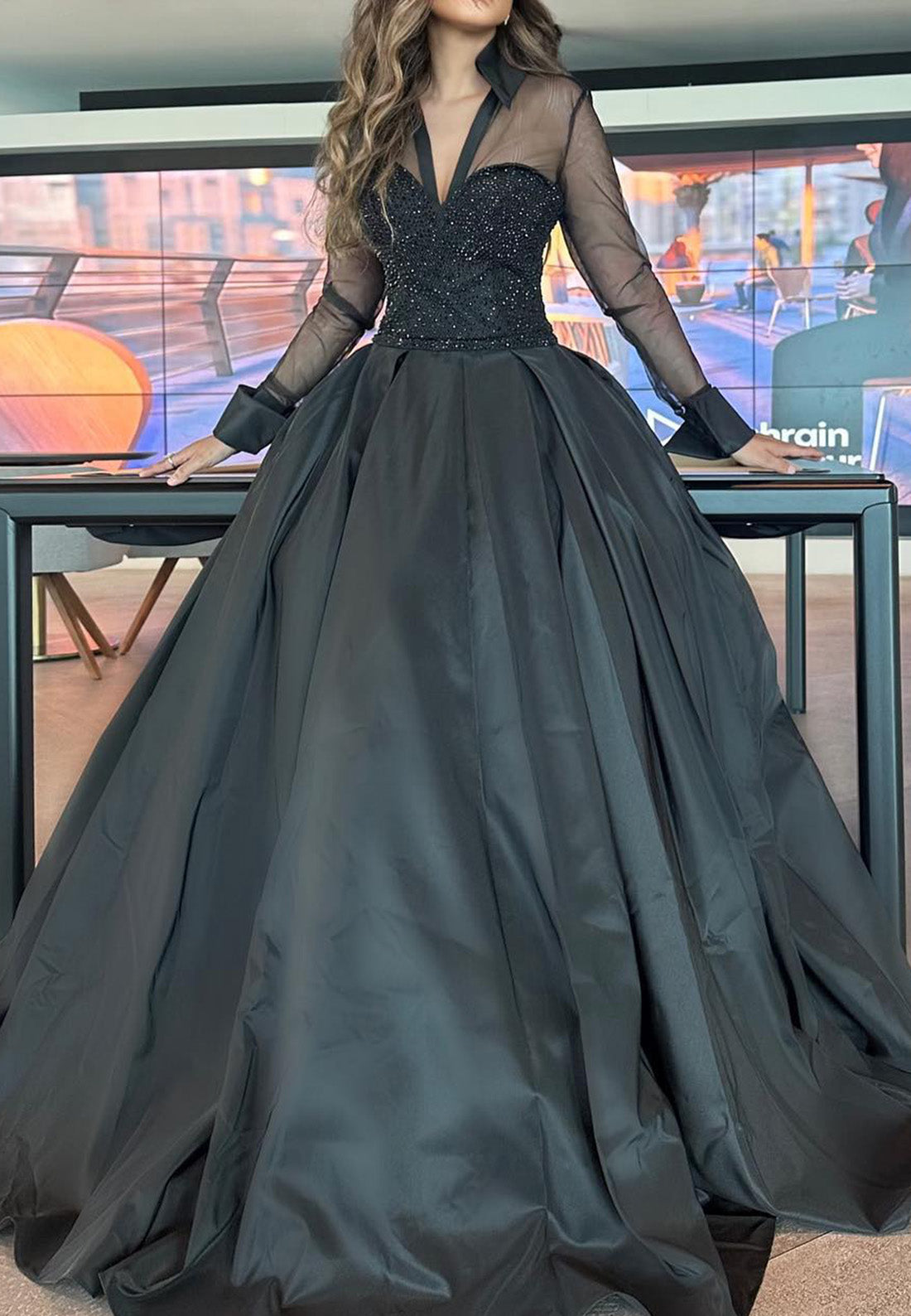 V-Neck Long Sleeves Beaded Pleated A-Line Evening Dress