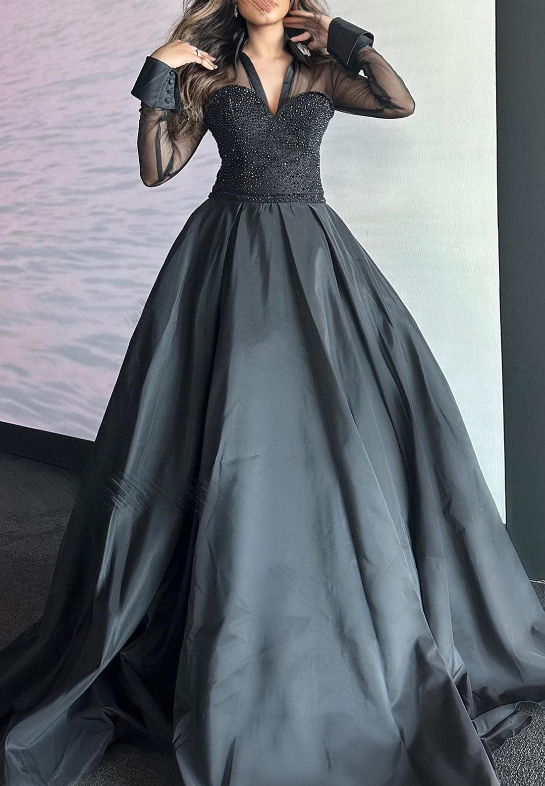 V-Neck Long Sleeves Beaded Pleated A-Line Evening Dress