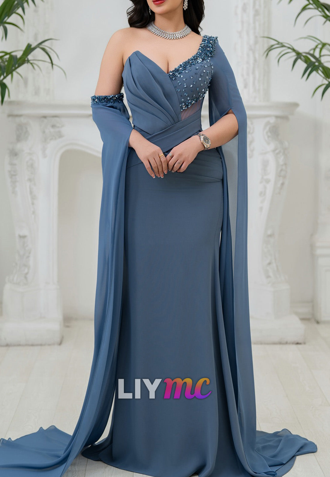 V-Neck Long Sleeves Beaded Sheath Evening Dress