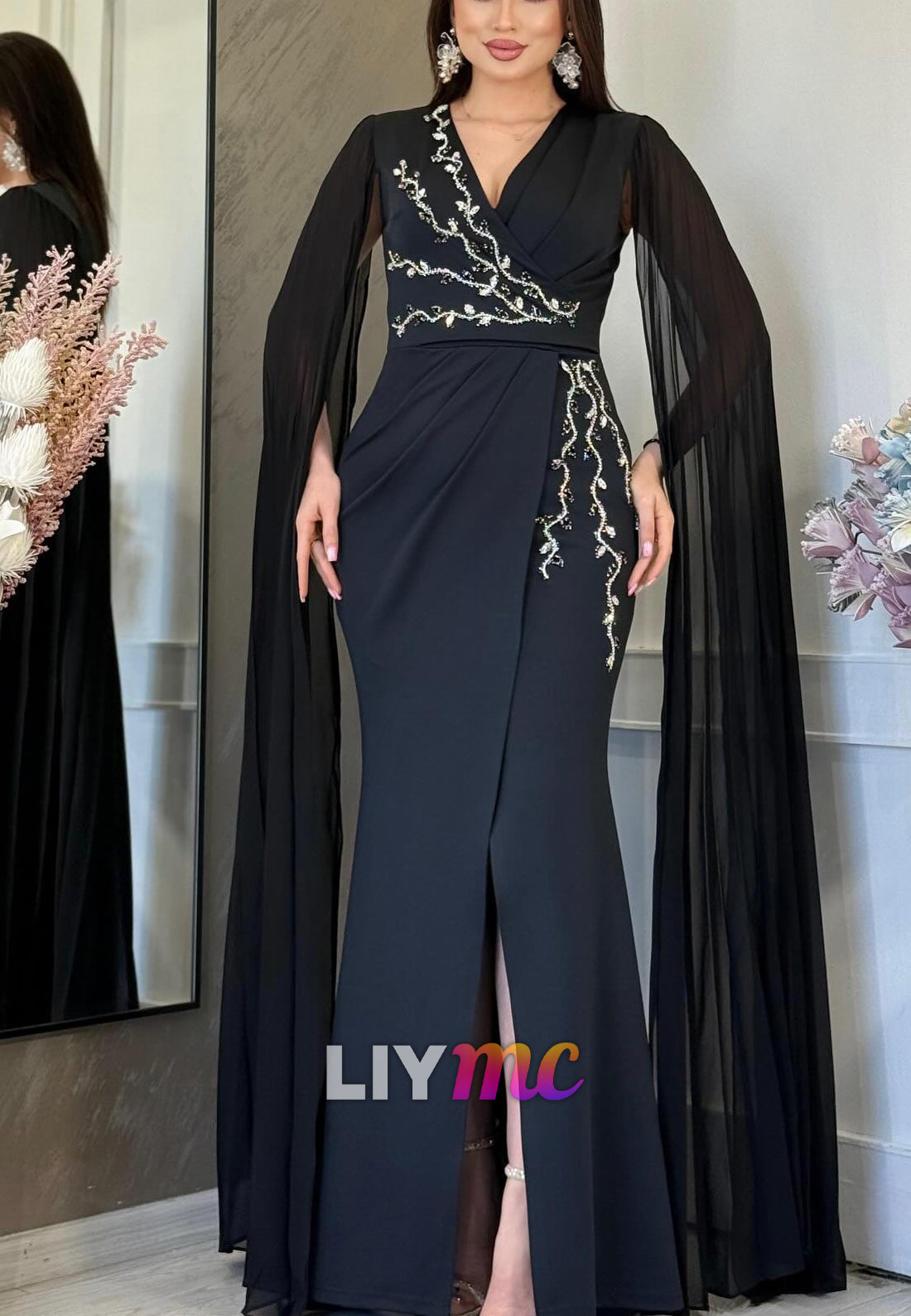 V-Neck Long Sleeves Beaded Sheath Evening Mother of Bride Dress